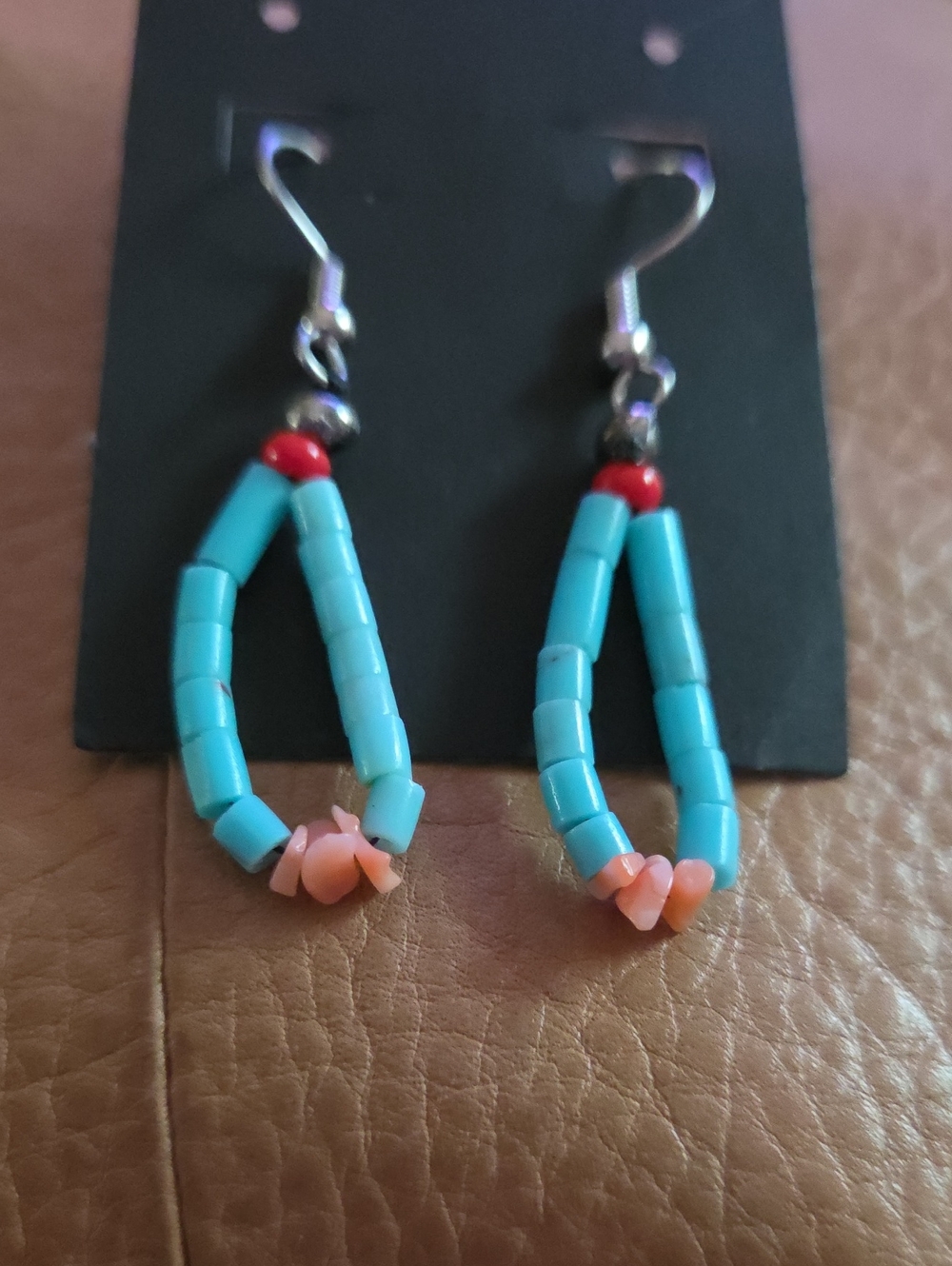 Turquoise Beaded Loop Earrings with Coral Accent